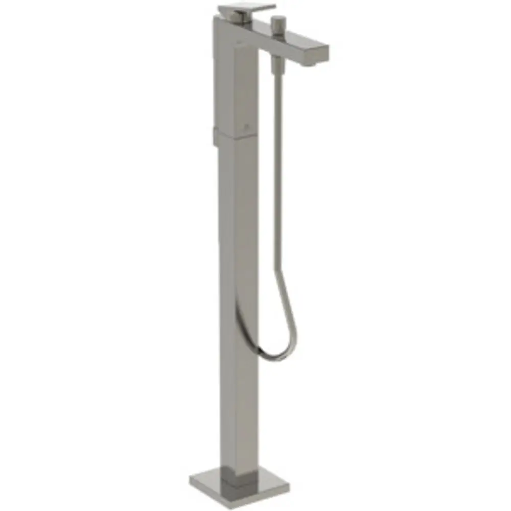 Freistehender Waschbeckenarmatur von Ideal Standard in Silberdesign mit einem schlanken, rechteckigen Korpus und einem leicht gebogenen Auslauf.